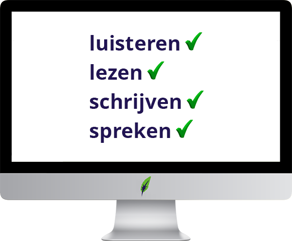 De vier taalvaardigheden Computerscherm met vier taalvaardigheden luisteren, lezen, schrijven en spreken - in kleur op transparante achtergrond - 600 * 496 pixels